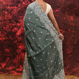 Dark Fern Green Floral Silk Blend Saree