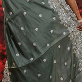 Dark Fern Green Floral Silk Blend Saree
