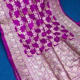 Magenta Banarasi Silk Saree With Silver Zari Floral Butti
