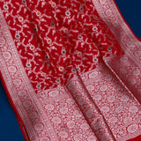 Red Banarasi Silk Saree With Silver Zari Floral Vine Weave