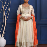 Off-White Zari Buttis Tissue Georgette Anarkali Set