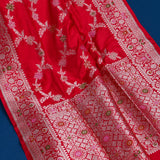 Red Banarasi Silk Saree With Silver Zari Floral Spray And Trellis Pallu