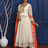 Off-White Zari Buttis Tissue Georgette Anarkali Set