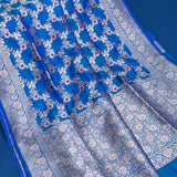 Cobalt Blue Banarasi Silk Saree With Silver Zari Floral Vine And Scroll Border