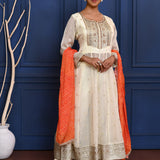 Off-White Zari Buttis Tissue Georgette Anarkali Set