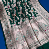 Bottle Green Banarasi Silk Saree With Silver Zari Floral Weave And Paisley Pallu
