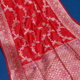Red Banarasi Silk Saree With Gold Zari Floral Weave