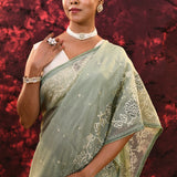 Pale Green Floral Tissue Organza Saree