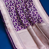 Purple Banarasi Silk Saree With Gold Zari Floral Medallion Jaal And Chevron Border