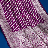 Purple Banarasi Silk Saree With Striped Floral Weave & Medallion Pallu