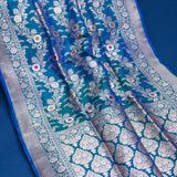 Peacock Teal Banarasi Silk Saree With Gold Zari Floral Jaal And Dense Lattice Pallu
