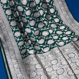 Bottle Green Banarasi Silk Saree With Silver Zari Lotus Weave