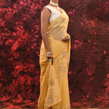 Pale Yellow Floral Tissue Organza Saree