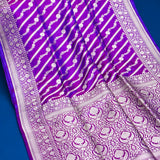 Violet Banarasi Silk Saree With Striped Floral Weave & Medallion Pallu