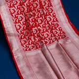 Bright Red Banarasi Silk Saree With Silver Zari Floral Medallion Jaal And Chevron Border