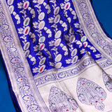 Royal Blue Banarasi Silk Saree With Silver Zari Floral Weave And Paisley Pallu