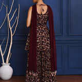 Dark Purple Floral Georgette Peplum Set