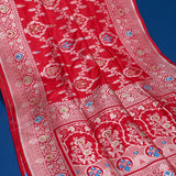 Bright Red Banarasi Silk Saree With Silver Zari Paisley Medallion Border