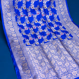 Cobalt Blue Banarasi Silk Saree With Silver Zari Floral Trellis Weave