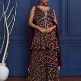 Dark Purple Floral Georgette Peplum Set