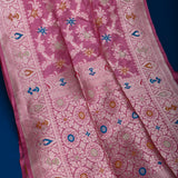 Magenta Pink Banarasi Silk Saree With Silver Zari Floral Jaal And Multicolor Florets