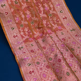 Warm Orange Banarasi Silk Saree With Silver Zari Floral Jaal And Multicolor Florets