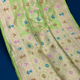 Pista Green Banarasi Silk Saree With Gold Zari Floral Jaal And Multicolor Florets