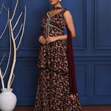 Dark Purple Floral Georgette Peplum Set