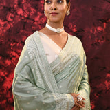 Pale Mint Green Floral Silk Blend Saree