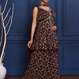 Dark Purple Floral Georgette Peplum Set