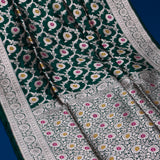 Bottle Green Banarasi Silk Saree With Silver Zari Floral Jaal Weave