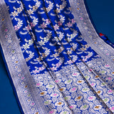 Royal Blue Banarasi Silk Saree With Silver Zari Floral Vine Weave
