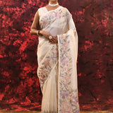 Off-White Floral Embroidered Tissue Silk Saree