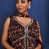 Dark Purple Floral Georgette Peplum Set