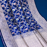 Royal Blue Banarasi Silk Saree With Silver Zari Floral Jaal Weave