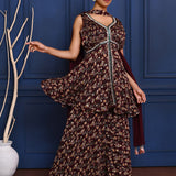 Dark Purple Floral Georgette Peplum Set