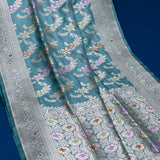 Peacock Teal Banarasi Silk Saree With Silver Zari Floral Vine And Multicolor Pallu