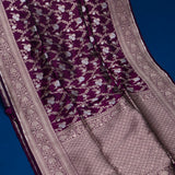 Wine Purple Banarasi Silk Saree With Gold Zari Floral Spray And Diamond Lattice Pallu