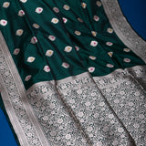 Bottle Green Banarasi Silk Saree With Silver Zari Booti And Temple Border