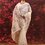 Off-White Floral Embroidered Tissue Silk Saree