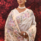 Off-White Floral Embroidered Tissue Silk Saree