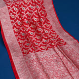 Bright Red Banarasi Silk Saree With Silver Zari Floral Booti Weave