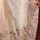 Off-White Floral Embroidered Tissue Silk Saree