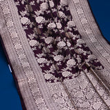 Aubergine Banarasi Silk Saree With Large Floral Brocade