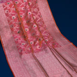 Coral Pink Banarasi Silk Saree With Silver Zari Floral Jaal Weave
