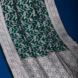 Bottle Green Banarasi Silk Saree With Silver Zari Floral Jaal Weave