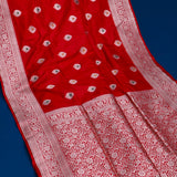 Bright Red Banarasi Silk Saree With Silver Zari Booti And Temple Border
