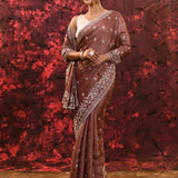Chocolate Brown Floral Silk Blend Saree