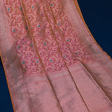 Peach Coral Banarasi Silk Saree With Gold Zari Paisley Medallion Jaal And Chevron Border