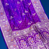 Purple Banarasi Silk Saree With Silver Zari Booti Body And Heavy Paisley Pallu